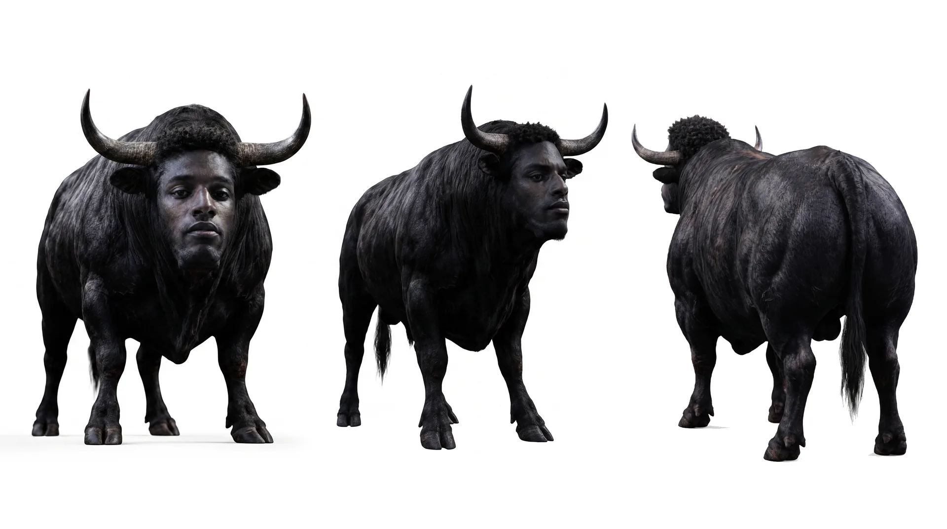 The Black Bull turnaround reference: front, three quarter and back view